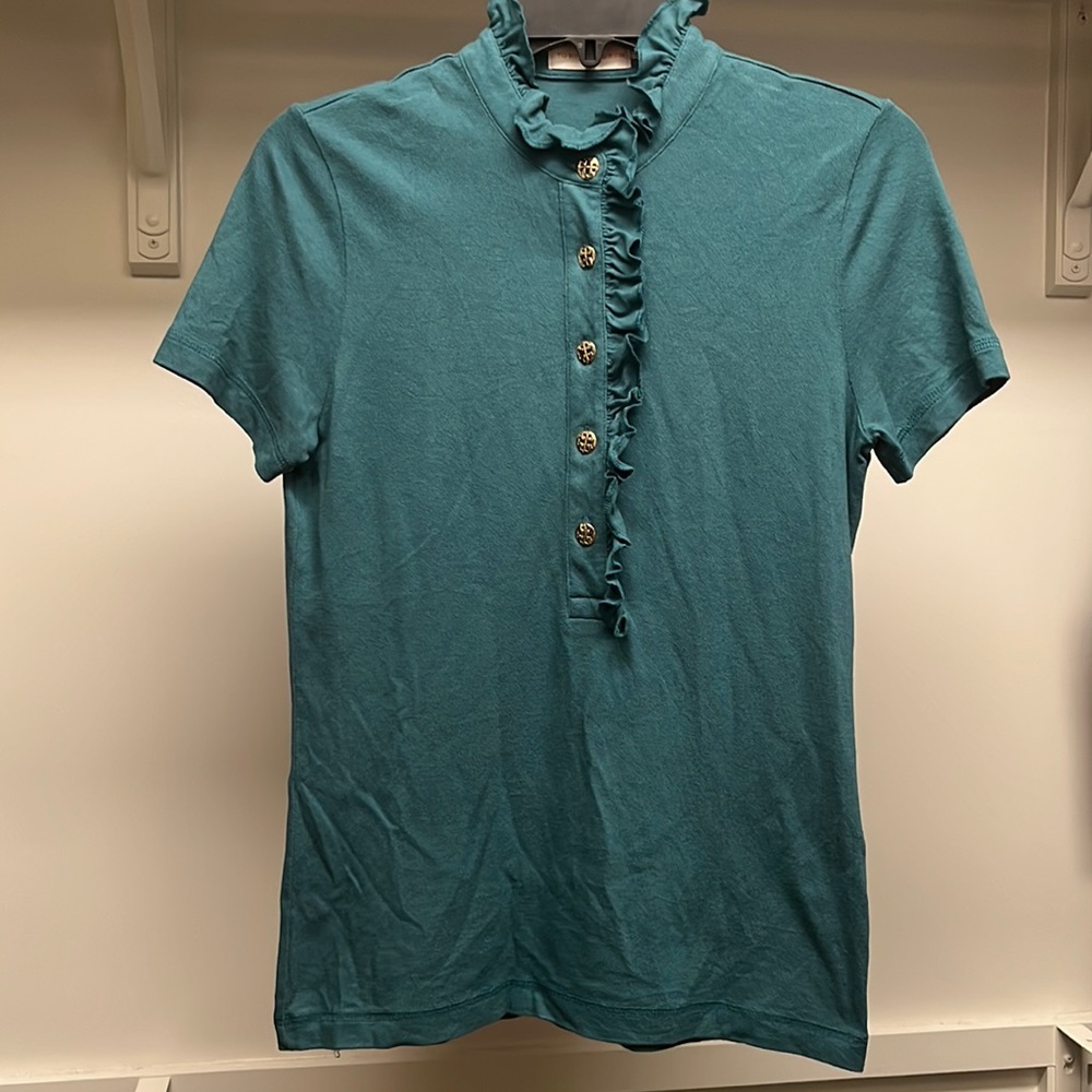Tory Burch Lidia Short Sleeve Ruffle Polo Shirt